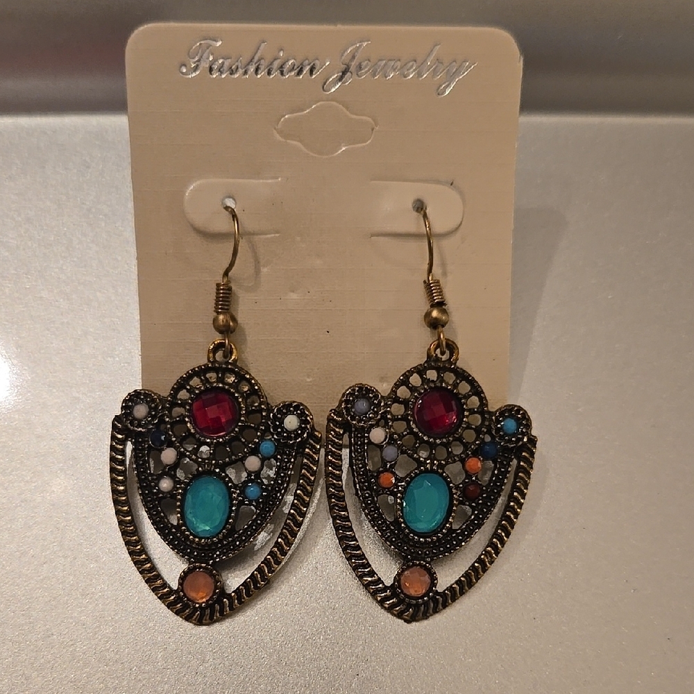 Red and Blue Vintage Dangle Earrings with Intricate Filigree